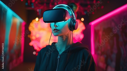 Beautiful young woman using virtual reality headset. Future technology concept.Generative Ai