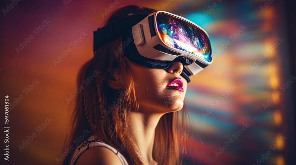 Beautiful young woman using virtual reality headset. Future technology concept.Generative Ai Beautiful young woman using virtual reality headset. Future technology concept.Generative Ai
