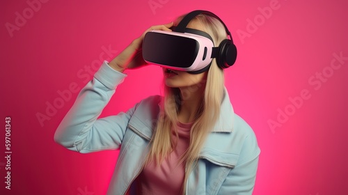 Beautiful young woman using virtual reality headset. Future technology concept.Generative Ai © Rudsaphon