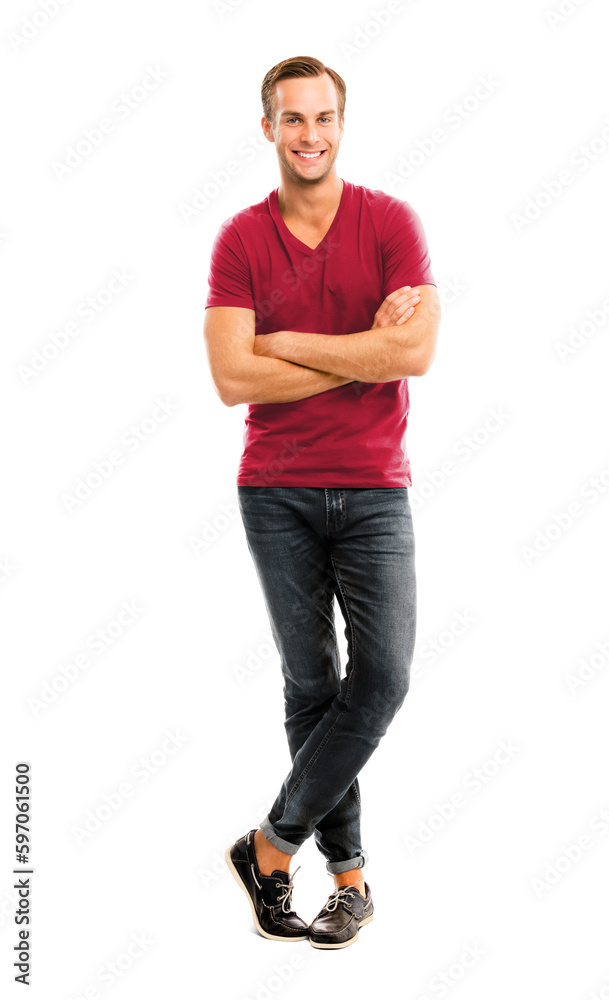 Full body, growth length portrait image of happy smiling handsome man with folded hands, wear in bright red color t-shirt, casual cloth, denim jeans, isolated white background. Fashion concept ad. Full body, growth length portrait image of happy smiling handsome man with folded hands, wear in bright red color t-shirt, casual cloth, denim jeans, isolated white background. Fashion concept ad.