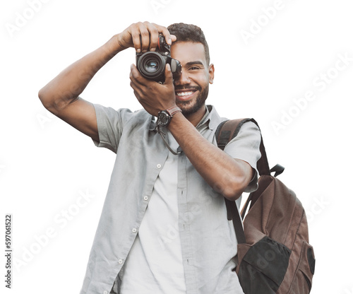Obraz na plátně Young man photographer takes photographs with dslr camera isolated in transparent PNG