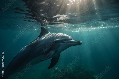 Dolphin with camera swimming, fish below, sun shining. Generative AI © Isannah