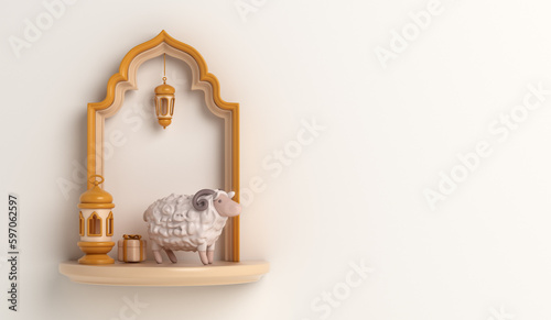 Eid al adha decoration background with goat sheep  arabic lantern  mosque window  gift box  ramadan kareem  mawlid  iftar  eid al fitr  muharram  copy space text area  3D illustration.
