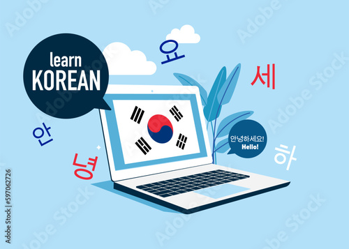 Online education. Language school online Korean course. Study foreign languages with native speaker. Vector illustration.