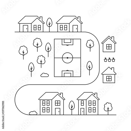 Houses with play field in village or cityscape, line art. Landscape and residential building. Exterior home in country landscape. Vector outline