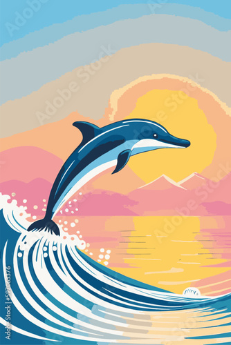 Dolphin jumping out of the water. Dolphin vector illustration. Dolphin cartoon style.