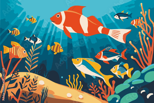 Fish in the ocean. Coral reef. Underwater inhabitants, underwater fauna. Cartoon style. Vector illustration.