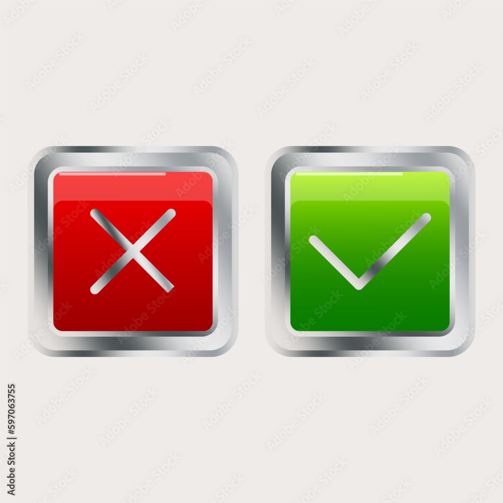 Three-dimensional buttons cross tick. Realistic shadow. Vector illustration Three-dimensional buttons cross tick. Realistic shadow. Vector illustration