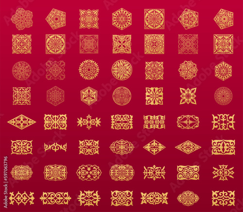 Set of islamic ornaments in vector  on red background in vector. Circular ornamental arabic symbols. Abstract Asian elements of the national pattern of the ancient nomads of the Kazakhs  Tatars