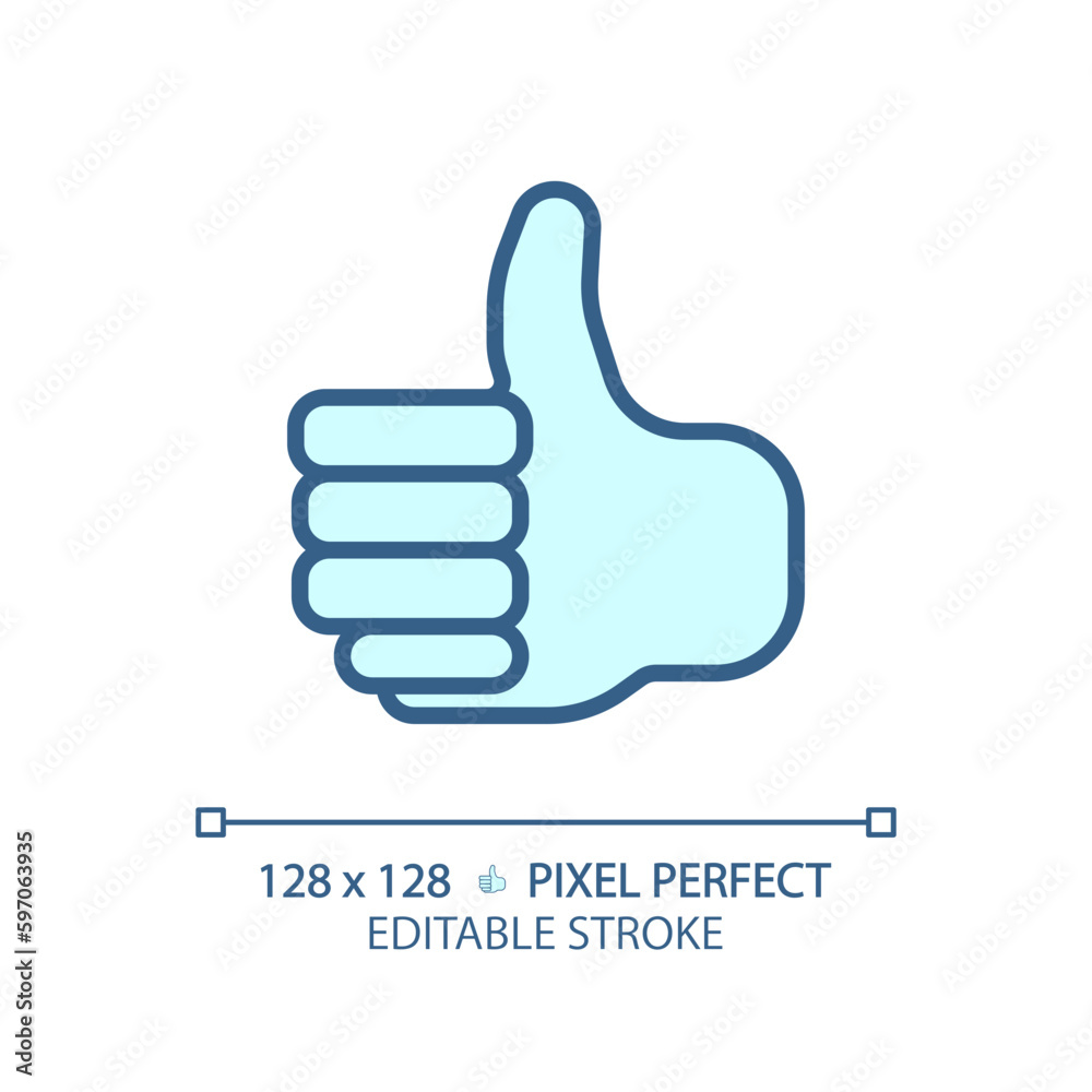 Thumb up pixel perfect RGB color icon. Showing positive attitude with gesture. Like for service rating. Satisfied client. Isolated vector illustration. Simple filled line drawing. Editable stroke Thumb up pixel perfect RGB color icon. Showing positive attitude with gesture. Like for service rating. Satisfied client. Isolated vector illustration. Simple filled line drawing. Editable stroke