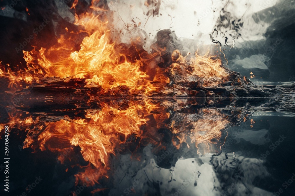 A mystical battle between water and fire, with smoky reflections. Stock