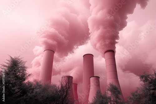 Colorful pollution from manufacturing plants. pink smoke. Generative AI © Gelpi