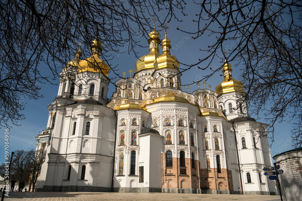 The restored Holy Dormition Cathedral, the main Cathedral temple of Kyiv Pechersk Lavra in Kyiv, Ukraine, April 2023