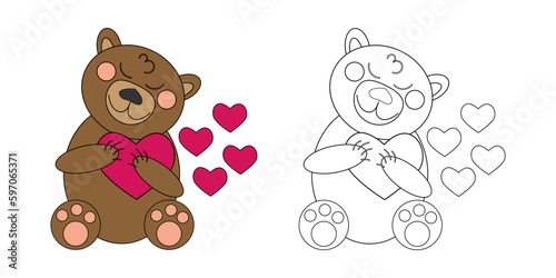 Vector illustration coloring book brown teddy bear with hearts. An outline black and white drawing and a color version for an example.
