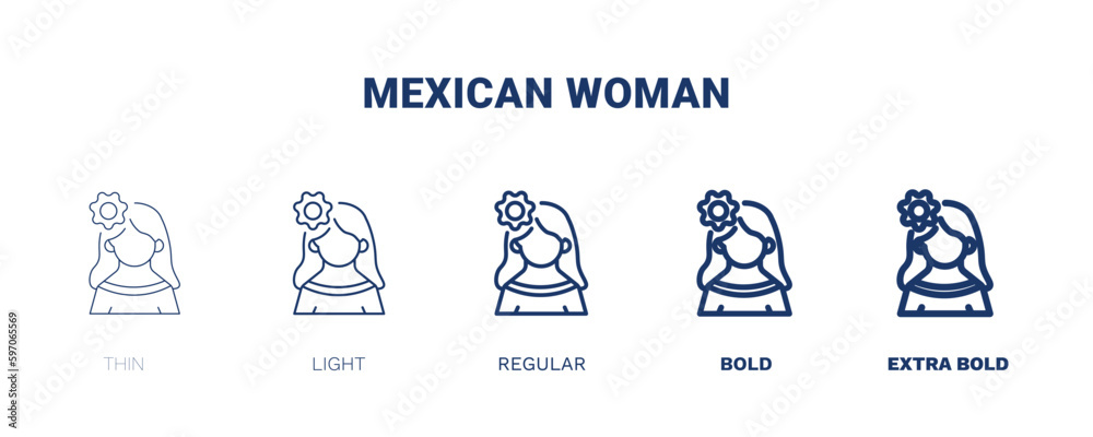 mexican woman icon. Thin, light, regular, bold, black mexican woman icon set from people and relation collection. Outline vector. Editable mexican woman symbol can be used web and mobile