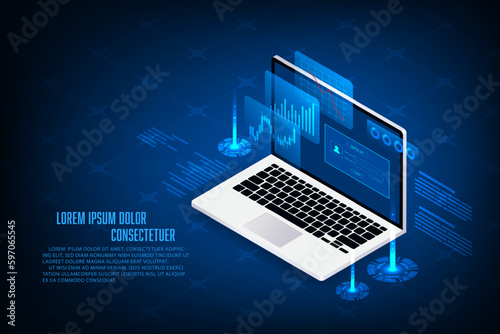 Vector isometric laptop with stock chart concept. Technology business.