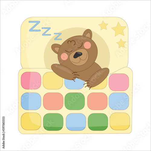 vector illustration brown baby cartoon bear sleeping under a patchwork quilt blanket in bed