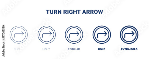 turn right arrow icon. Thin, light, regular, bold, black turn right arrow icon set from user interface collection. Outline vector. Editable turn right arrow symbol can be used web and mobile