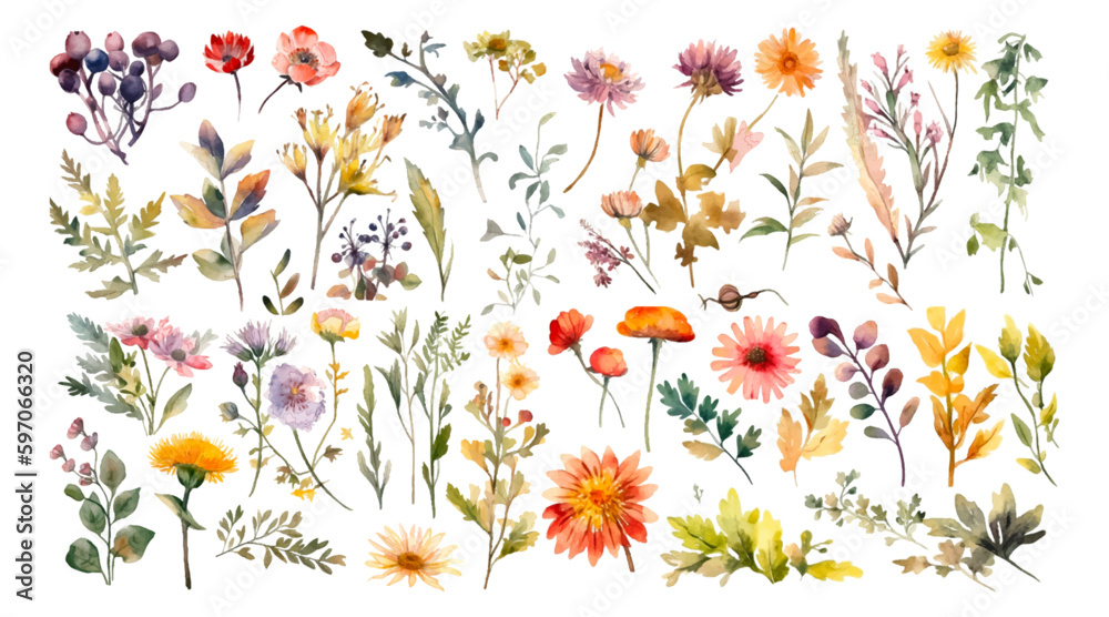 Set watercolor wild flowers, leaves and grass. Collection botanic garden elements. Vector isolated illustration in vintage style - obrazy, fototapety, plakaty 