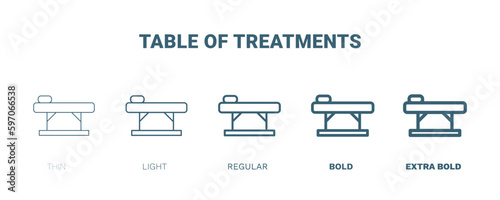 table of treatments icon. Thin, light, regular, bold, black table of treatments icon set from medical and healthcare collection. Editable table of treatments symbol can be used web and mobile