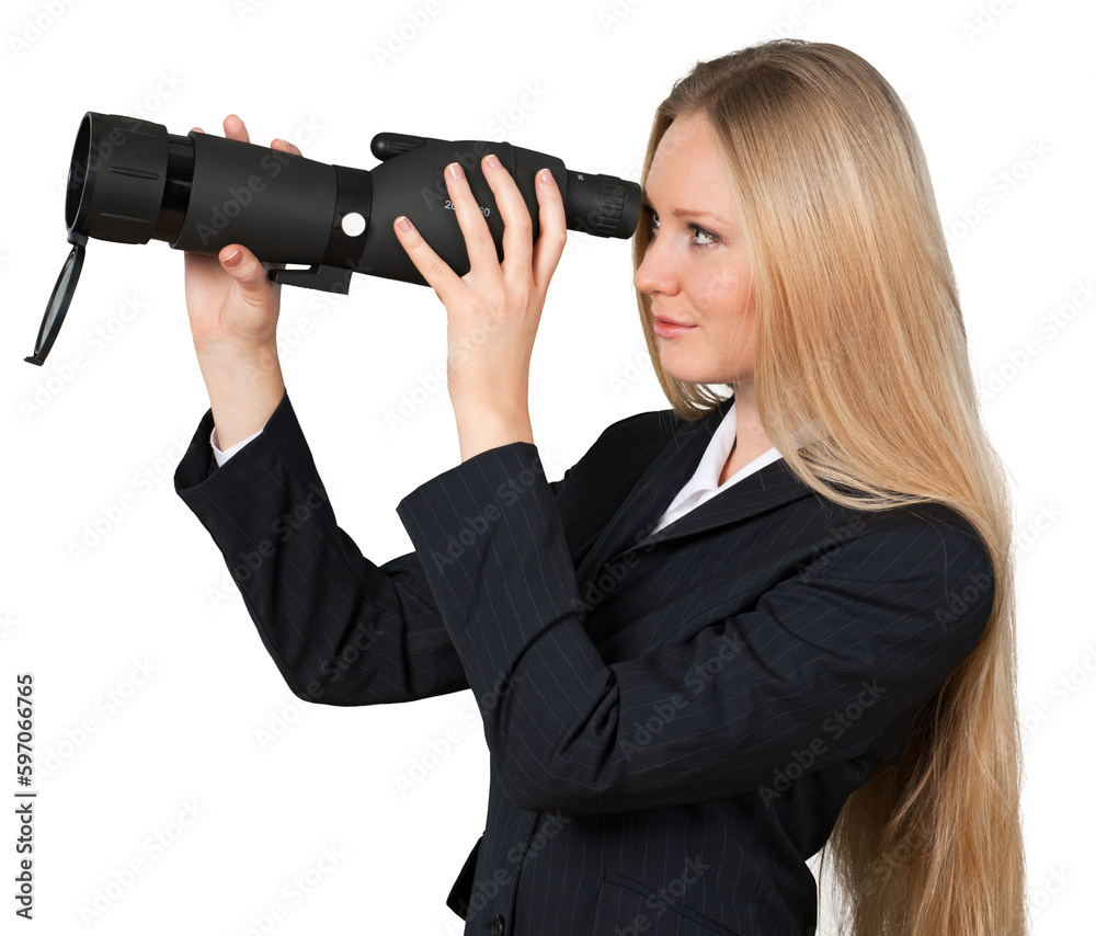 Young Businesswoman Looking Through Telescope - Isolated Young Businesswoman Looking Through Telescope - Isolated