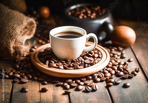 Hot coffee cup with coffee beans, Wallpaper coffee © NORN