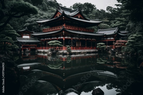 Temple surrounded by water in Japan. Generative AI