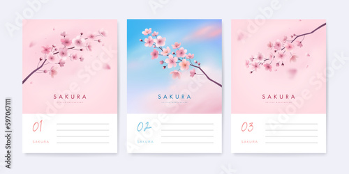 Spring cherry blossom landscape background. Hand drawn card, poster, banner or cover design template with blossoming sakura flowers