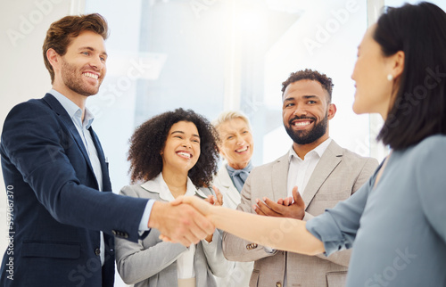 Partnership hand shake, happy or business people applause for acquisition agreement, partner deal or merger success. Thank you handshake, congratulations or diversity group clapping for job promotion photo