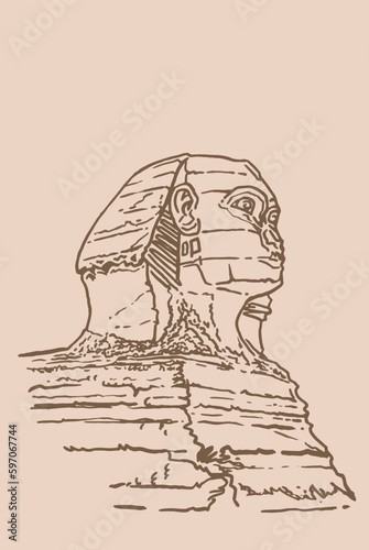 Graphical vintage sketch of  sphinx , sepia background,vector illustration . Egyptian architecture