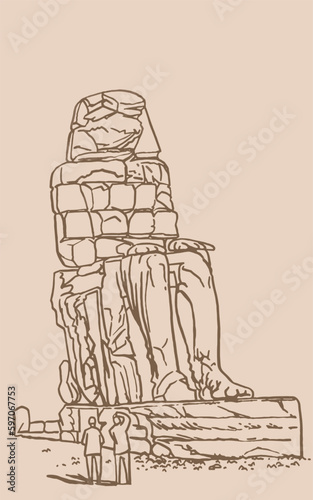  Colossi of Memnon sketch  on sepia  graphical illustration, landmark of ancient Egypt.
Statue of  Pharaoh Amenhotep III.Vector