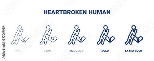 heartbroken human icon. Thin, light, regular, bold, black heartbroken human icon set from feeling and reaction collection. Editable heartbroken human symbol can be used web and mobile