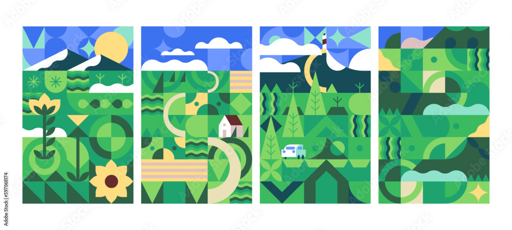 Fototapeta premium Geometric cubist landscape posters set. Green summer nature cards in geometry art style. Rural environment, countryside with plants. Vertical eco backgrounds. Modern stylized flat vector illustrations