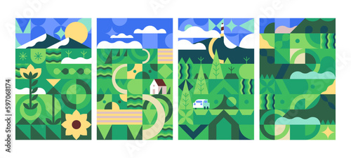 Geometric cubist landscape posters set. Green summer nature cards in geometry art style. Rural environment, countryside with plants. Vertical eco backgrounds. Modern stylized flat vector illustrations