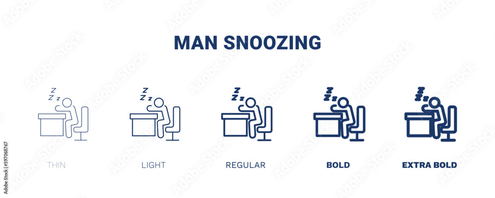man snoozing icon. Thin, light, regular, bold, black man snoozing icon set from behavior and action collection. Editable man snoozing symbol can be used web and mobile
