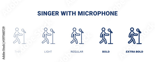 singer with microphone icon. Thin, light, regular, bold, black singer with microphone icon set from behavior and action collection. Editable singer with microphone symbol can be used web and mobile