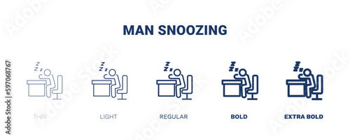 man snoozing icon. Thin  light  regular  bold  black man snoozing icon set from behavior and action collection. Editable man snoozing symbol can be used web and mobile