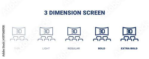 3 dimension screen icon. Thin, light, regular, bold, black 3 dimension screen icon set from cinema and theater collection. Editable 3 dimension screen symbol can be used web and mobile