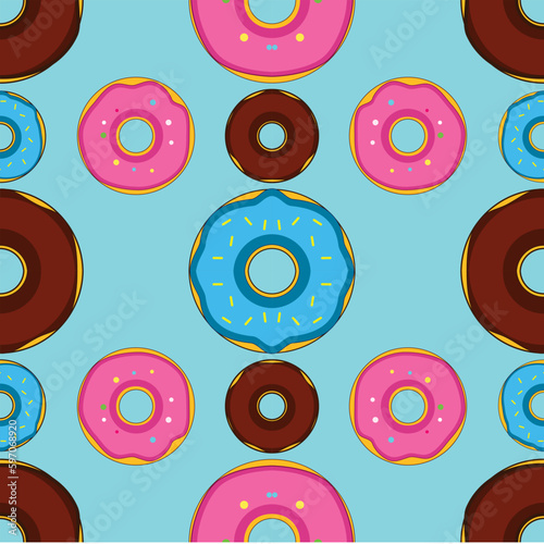 seamless pattern strawberry donut, chocolate donut, blue donut with a blue background 