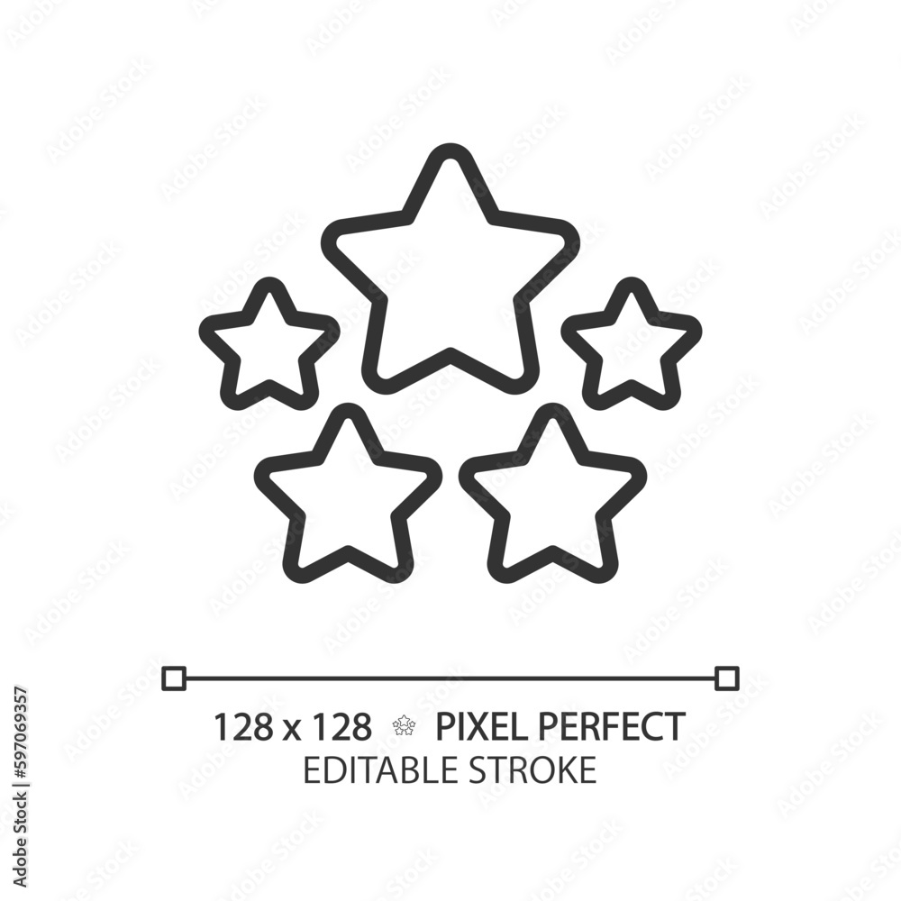 Five stars pixel perfect linear icon. High rating of company products. Customer feedback about service quality. Thin line illustration. Contour symbol. Vector outline drawing. Editable stroke Five stars pixel perfect linear icon. High rating of company products. Customer feedback about service quality. Thin line illustration. Contour symbol. Vector outline drawing. Editable stroke