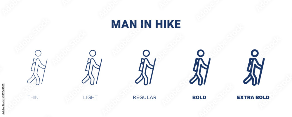 man in hike icon. Thin, light, regular, bold, black man in hike icon set from humans and behavior collection. Editable man in hike symbol can be used web and mobile