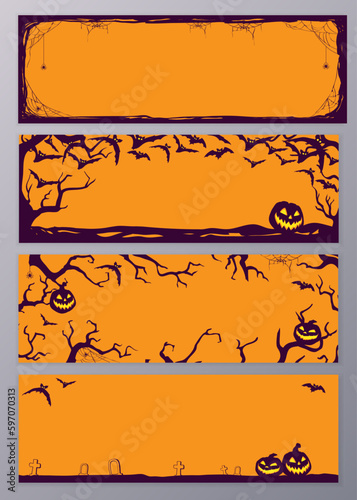 Halloween night background with bats, branches and Jack O' Lanterns. Vector poster illustration with place for your text.