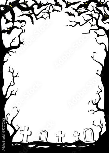 Halloween night background with bats and trees. Vector poster illustration with place for your text on white.