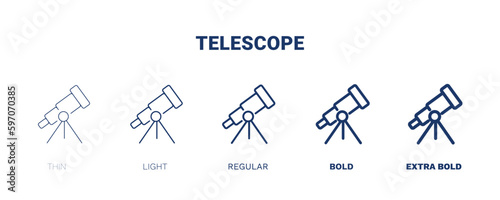 telescope icon. Thin, light, regular, bold, black telescope icon set from education and science collection. Editable telescope symbol can be used web and mobile