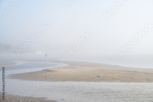 Fototapeta Naklejka Na Ścianę i Meble -  Fog on Baltic sea coastline at spring. Moody weather, mist. Person standing in distance
