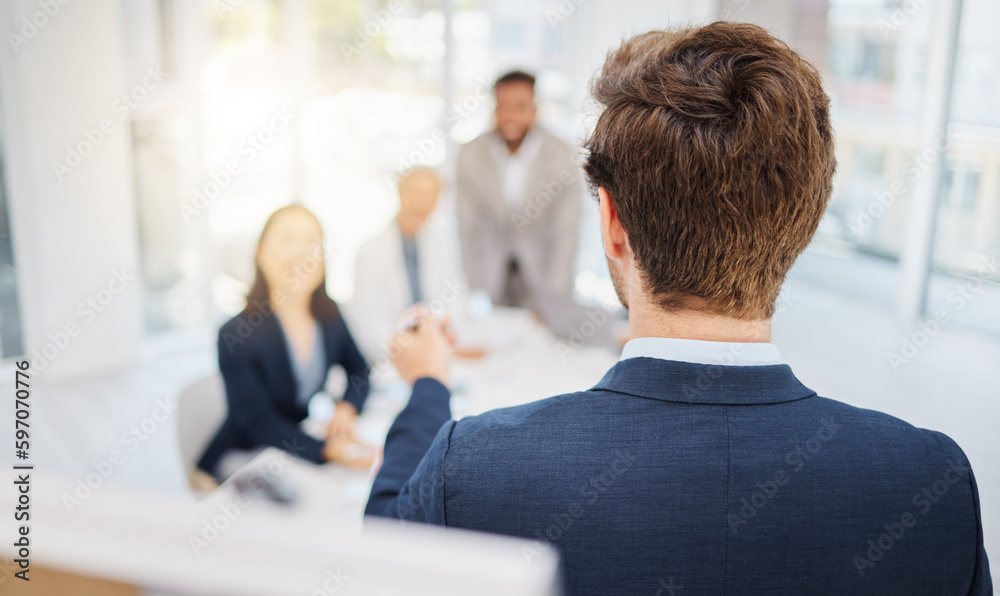 Business people meeting, communication and man with presentation, speech or office report, idea or development. Speaker, presenter or back of person consulting, chat and talking to investment clients Business people meeting, communication and man with presentation, speech or office report, idea or development. Speaker, presenter or back of person consulting, chat and talking to investment clients