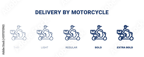 delivery by motorcycle icon. Thin, light, regular, bold, black delivery by motorcycle icon set from delivery and logistics collection. Editable delivery by motorcycle symbol can be used web and mobile