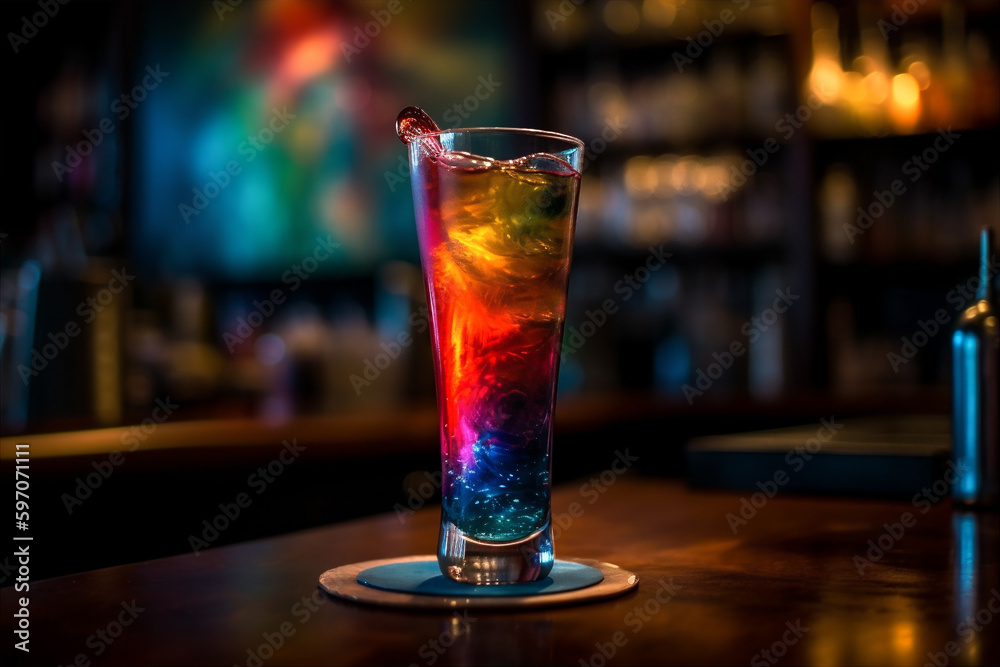 Bright colourful vividly swirling cocktail in long glass. Cosmic cocktail. AI generated