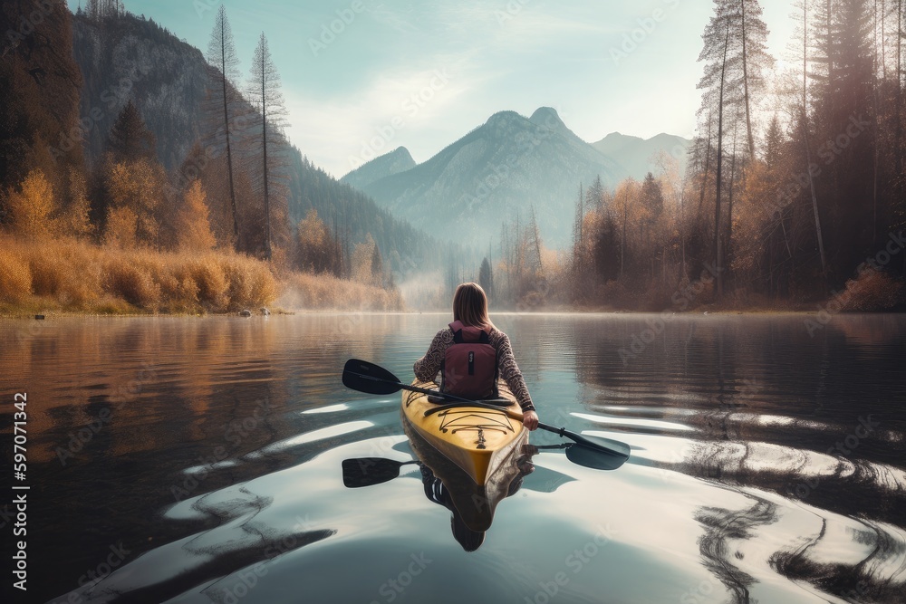 A girl swims in a kayak on a lake overlooking the mountains, an active lifestyle. Generative AI