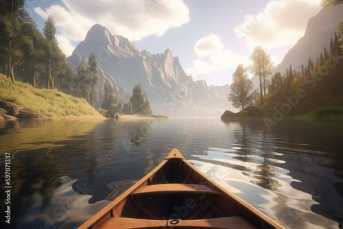 An empty wooden canoe on a lake with a beautiful mountain landscape. Generative AI